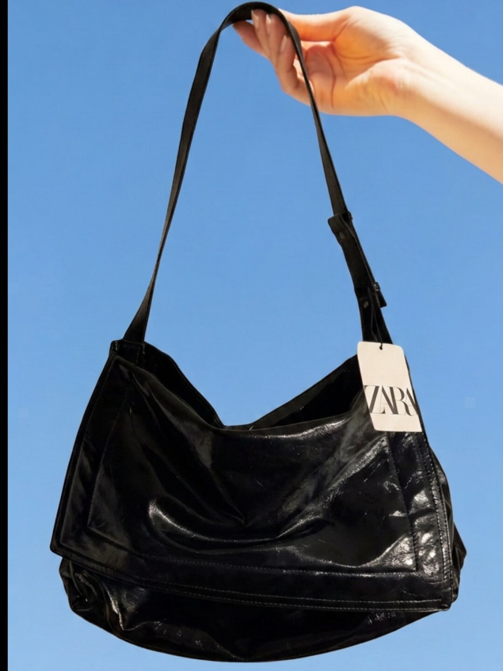 Zara Black Shiny Hobo Shoulder Bag